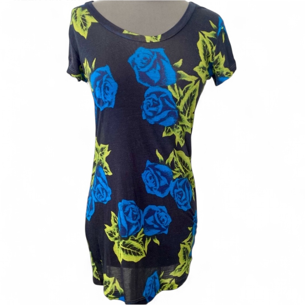 Y2K BETSEY JOHNSON NAVY GREEN FLORAL SHORT SLEEVE TUNIC TOP ONE SIZE COMFORT